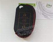 Чехол на выкидной ключ Пежо кожаный 3 кнопки, красный - фото 16885